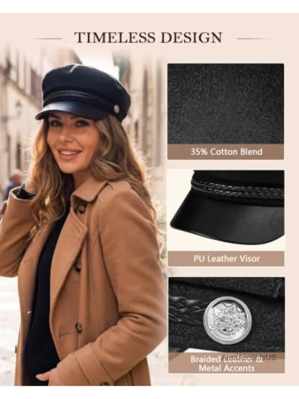 Vintage Newsboy Cap Structured PU Leather Visor Newsboy Hat